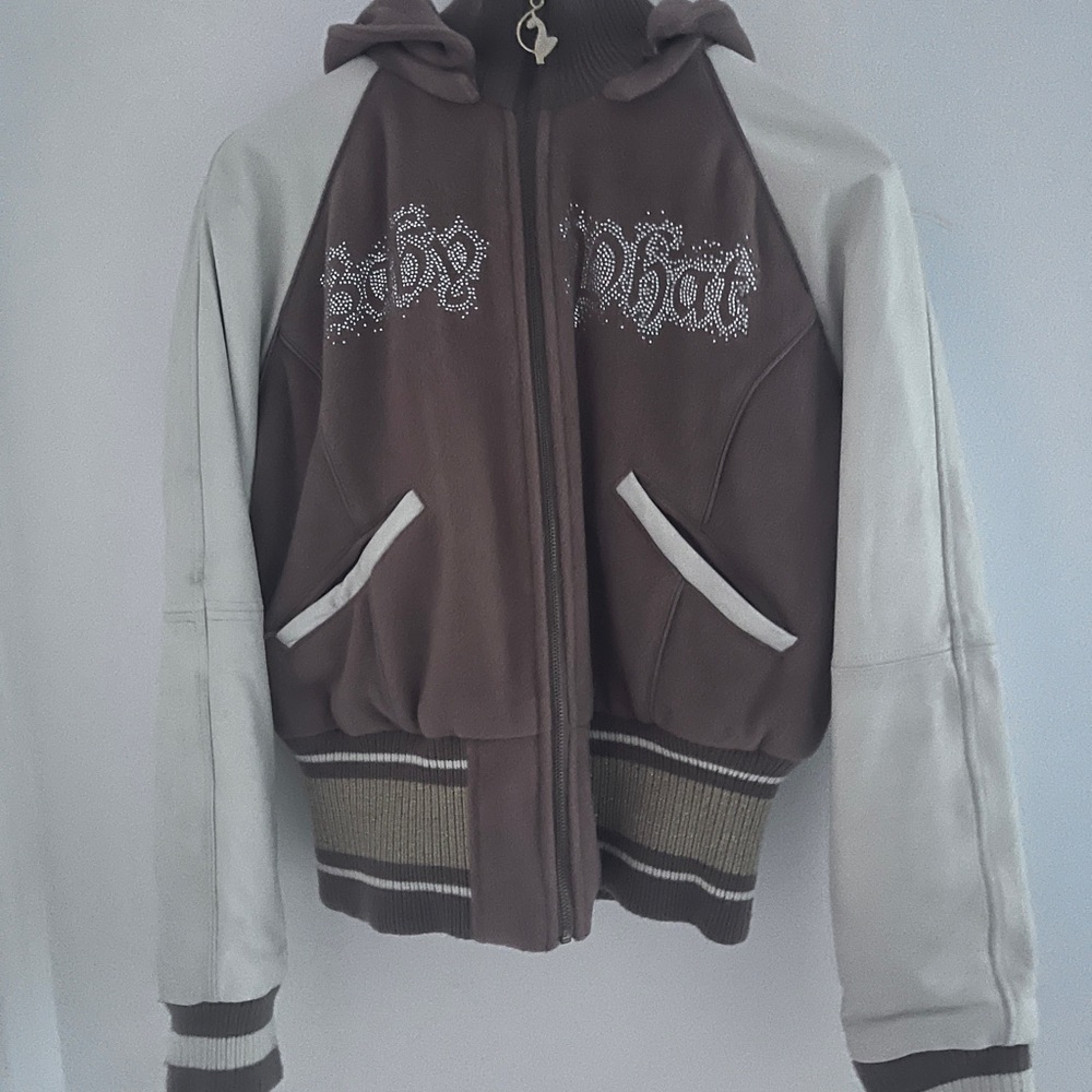 Rare Y2K vintage Baby Phat Classic Wool  Leather Sleeve Hoode jacket size large